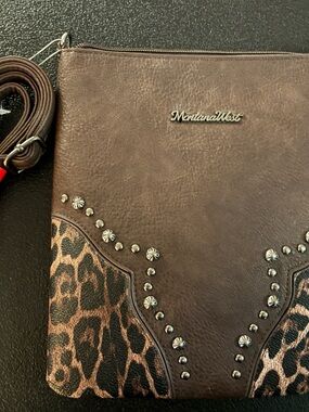 Montana West Dark Brown Leopard Accent Crossbody with Stud Detailing brand new